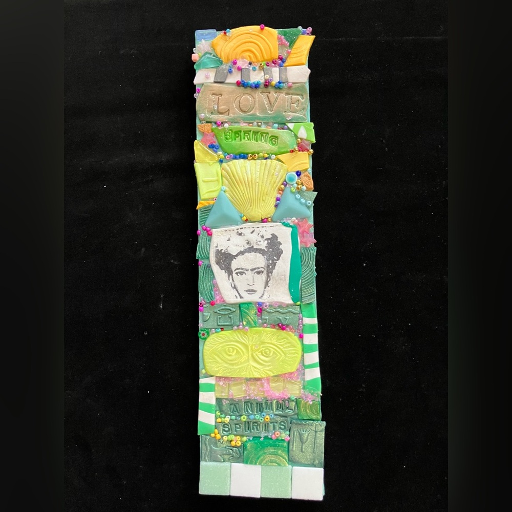 Handmade Mosaic Art “Love Spring”Polymer Clay Original On Wood 12”x3”